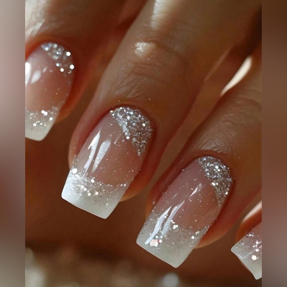 Glitter French Manicure Nails press on set with gel patches - Picture 1 of 4